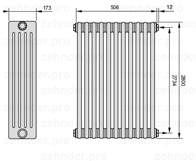 Схема (чертеж) Радиатор Zehnder Charleston 5280/11 №7610 Белый глянцевый RAL 9016